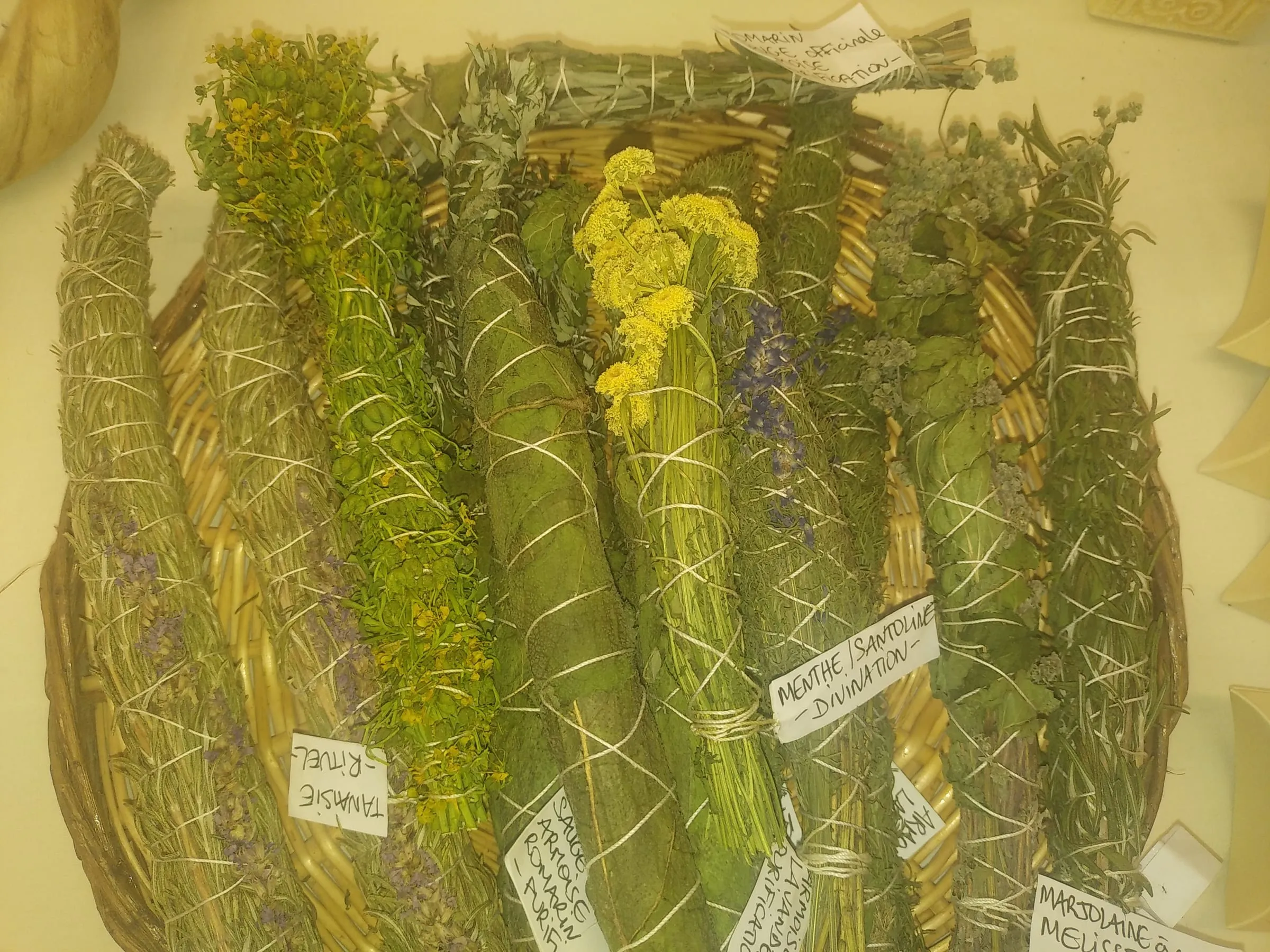 Rangée de bâtons de fumigation étiquetés, faits de plantes fleuries